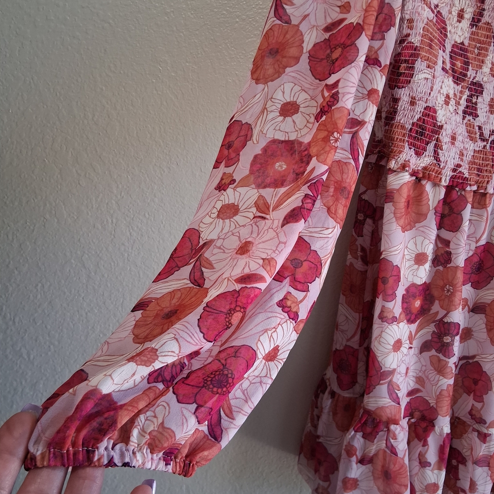 Wilfred Aritzia Artesia Smocked Pink Poppy Floral Boho Cottagecore Mini Dress M - Picture 7 of 16